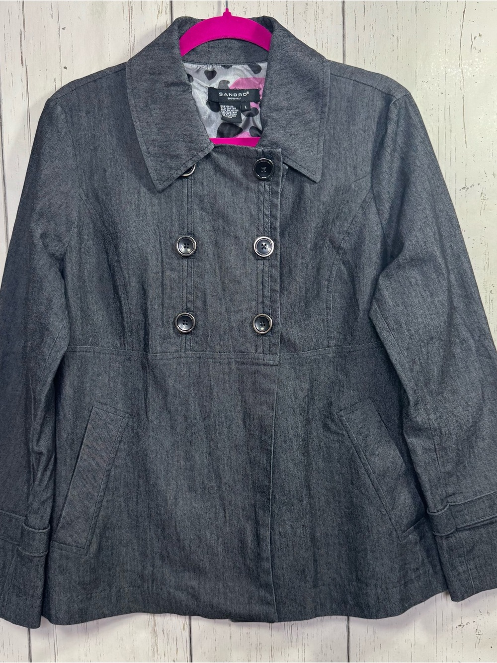 Sandro Gray L Double Breasted Military Blazer Jacket Tailored Quiet Luxury L